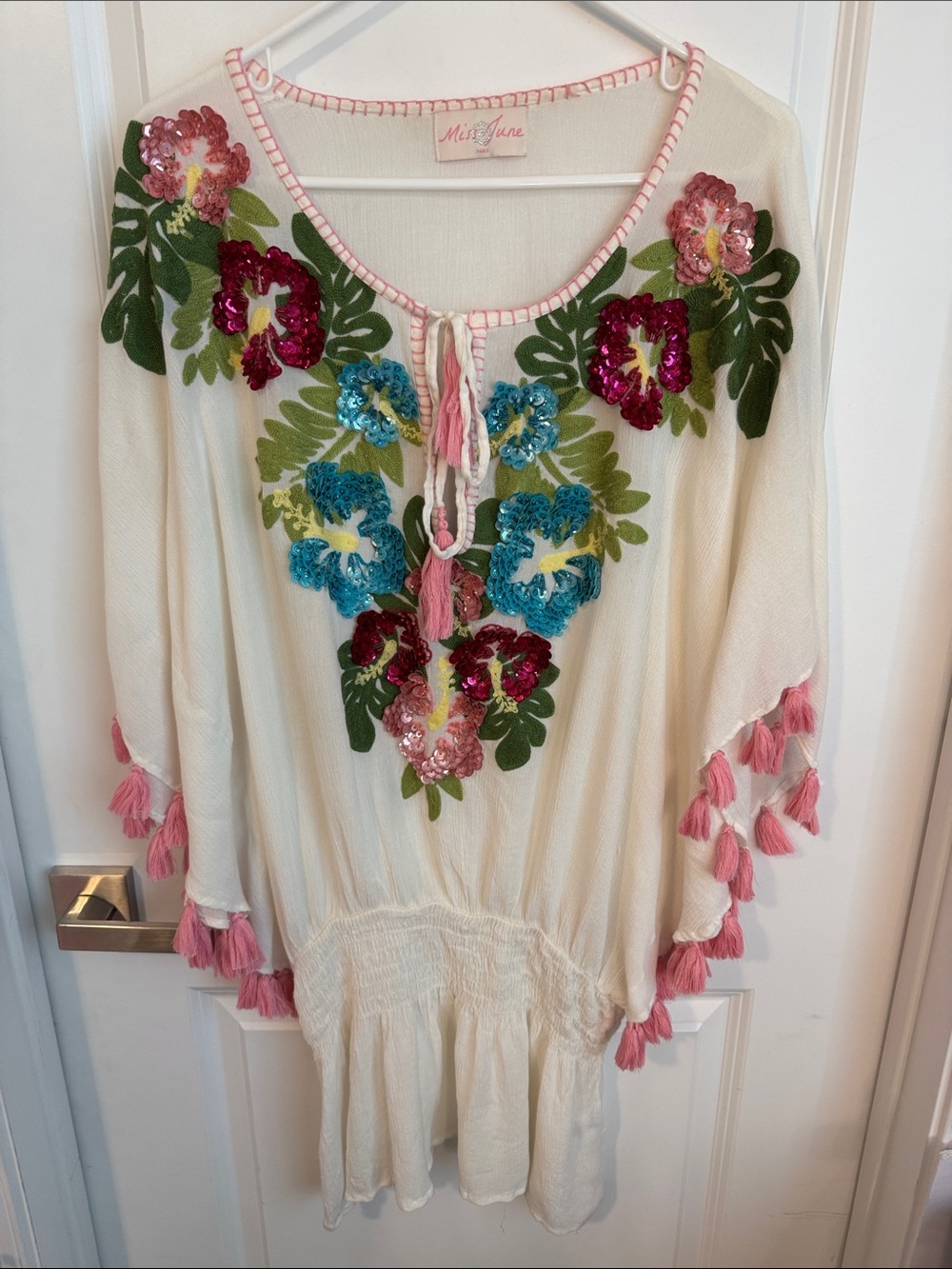 Miss June Cream Embroidered Tassel Swim Coverup with Pink Trim